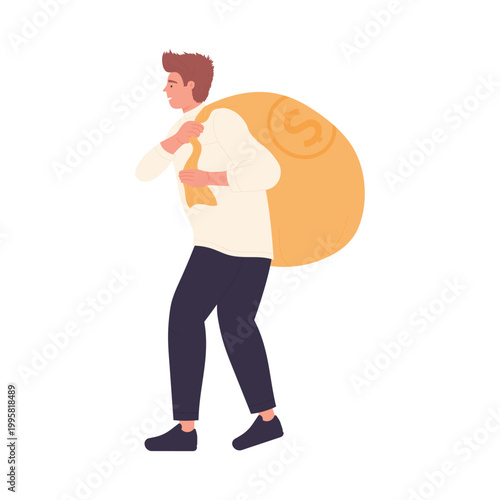Businessman carrying money sack. Financial investment profit cartoon vector illustration