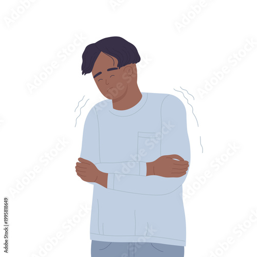 Sad shivering boy. Teenager feeling cold temperature, hypothermia feeling cartoon vector illustration