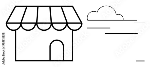 Retail business, small shops, local commerce, online stores, marketplaces, entrepreneurship. Minimalist line art of a small storefront with an awning and a cloud. Retail business and local commerce