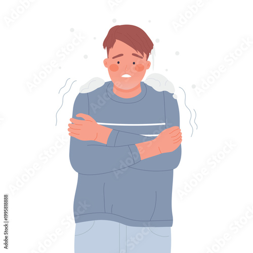 Shivering boy under the snow. Winter cold time, teenager feeling cold temperature cartoon vector illustration