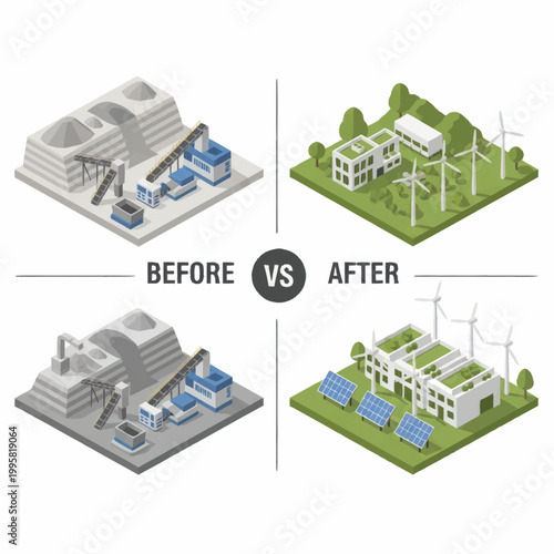 Industrial factory transformed into eco-friendly green energy facility.