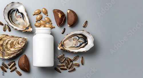 Zinc Supplement Bottle with Oysters, Brazil Nuts and Sunflower Seeds on Gray Background