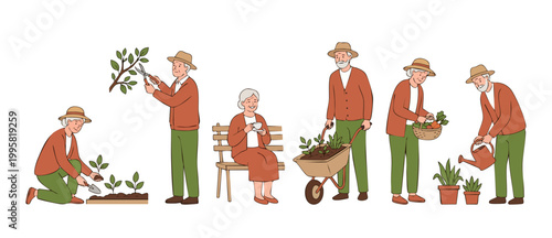 Elderly couple gardening activities set, retired seniors planting vegetables, pruning trees, and relaxing in a garden, flat vector illustration collection of hobby and healthy lifestyle in old age.