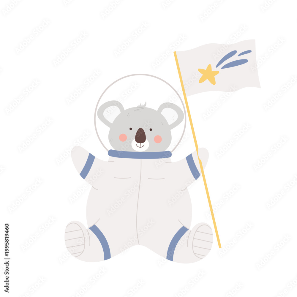 Fototapeta premium Cute koala bear astronaut. Adorable animal exploring space, cosmonaut equipment cartoon vector illustration