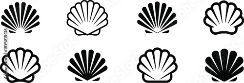 Seashell Icon Set Vector Collection with Conch, Scallop, and Clam Shell Illustrations, Perfect for Beach, Marine, Nautical, and Ocean Themed Designs, Summer Graphics, and Coastal Creative Projects