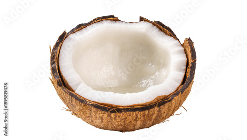 Split brown coconut with white flesh and water inside