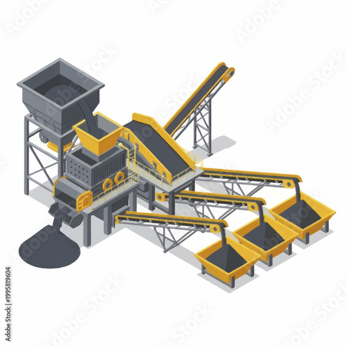 Industrial mining processing plant with conveyor belts and hoppers.