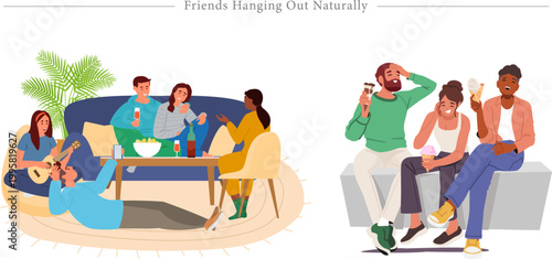 Friends Hanging Out Naturally Flat Vector Indoor Social Gathering Ice Cream Bonding Illustration