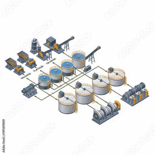 Industrial oil extraction and processing plant schematic illustration.
