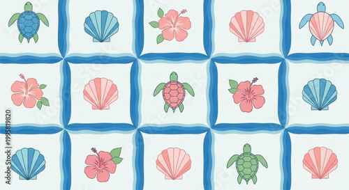 Tropical Coastal Tile Seamless Pattern with Sea Turtle Shell Hibiscus Flower and Beach Summer Icons Background