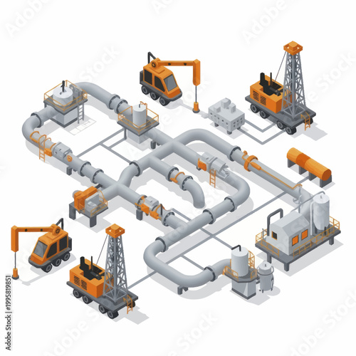 Industrial Pipeline System with Construction Equipment Illustration.