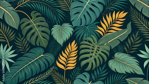 Dark Teal Tropical Seamless Background with Lush Palm Monstera and Golden Leaves Vector Pattern