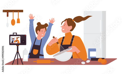 Culinary food blogger recording new video. Woman with daughter cooking online cartoon vector illustration