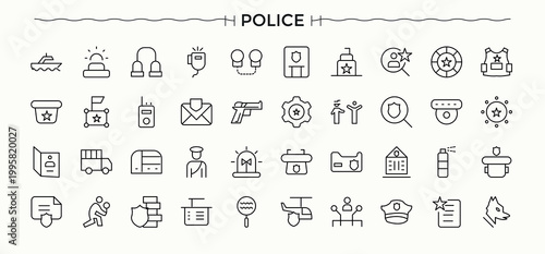 Police icon pack. It contains symbols to officer, criminal, law, justice and more. Security icon. Minimalist editable vector stroke. Pixel perfect. Editable vector.