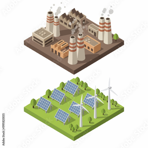 Industrial pollution versus clean energy sources comparison illustration.