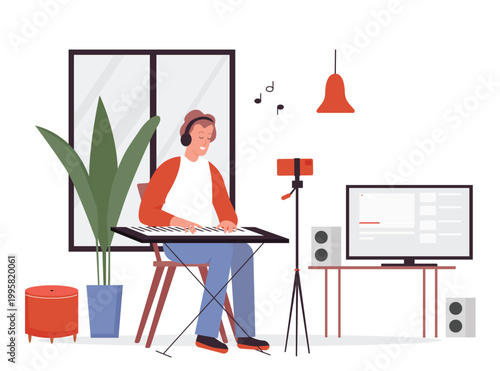 Musician blogger recording new music video. Online music lessons, music streaming cartoon vector illustration