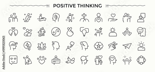 Positive Thinking icon set. Web icons pack. It contains symbols to mood, optimism, think, psychology, mental, thinking. Pixel perfect. Vector illustration. Mind line icon set.