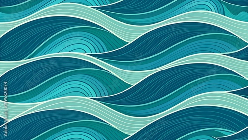 Seamless Abstract Fluid Wave Pattern with Teal and Blue Ocean Lines Background