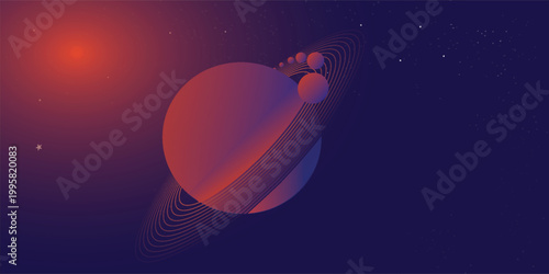 Abstract minimalist space scene. Large purple planet with elegant ring lines and small moons on a dark navy blue background with soft nebula light
