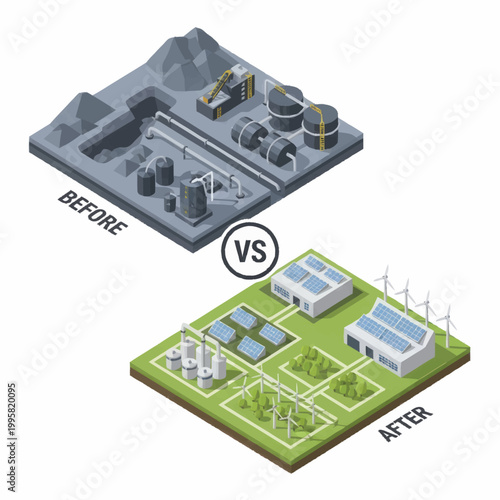 Industrial pollution versus clean energy transformation comparison.