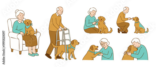 Senior couple with dog activities set, elderly people interacting with golden retriever, bonding, walking with cane, grooming, playing, pet therapy, companionship, happy retirement lifestyle, vector a