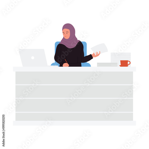 Muslim businesswoman working at desk. Arabic female manager at workspace cartoon vector illustration