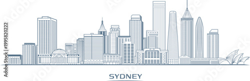 Sydney skyline line art vector, detailed architectural cityscape, modern urban illustration for editorial and branding