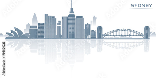 Sydney skyline gradient vector with reflection, elegant coastal cityscape, premium urban branding design