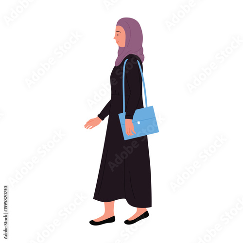 Walking muslim businesswoman with bag. Arabic female manager going to work cartoon vector illustration