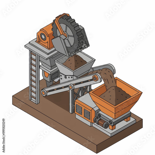 Industrial processing plant with conveyor belt and hoppers.