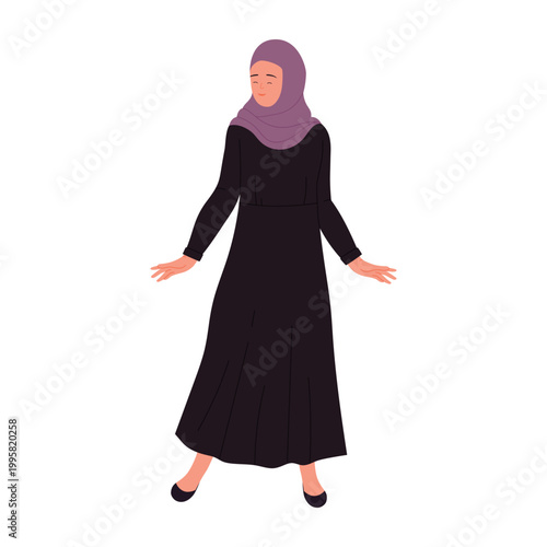 Walking muslim businesswoman. Arabic female manager in black robe cartoon vector illustration