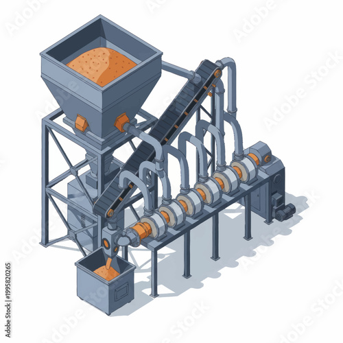 Industrial processing plant with conveyor belt and hopper.
