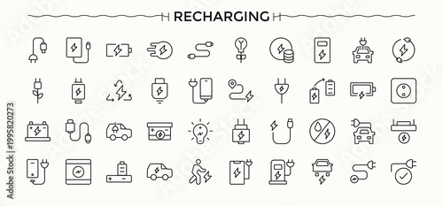 Charging modern icon set. Charger icon set. Outline icons in linear style. Related to power, energy, charge, technology and more. Editable stroke vector art.