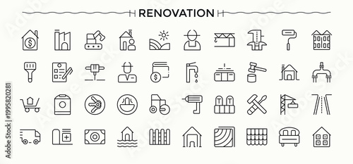 Renovation icon set. Outline icons collection. Contains such symbols as living, office, indoor, interior, bed, decoration. Editable stroke. Decor icon set.