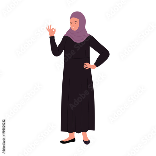 Muslim businesswoman showing okay gesture. Smiling arabic female manager in standing pose cartoon vector illustration