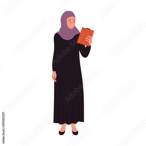Muslim businesswoman holds clipboard. Arabic female manager presenting report cartoon vector illustration
