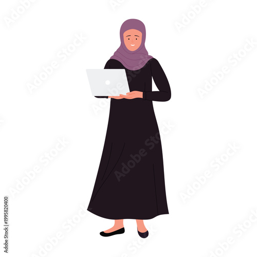 Standing arabic businesswoman with laptop. Female muslim manager holding computer cartoon vector illustration