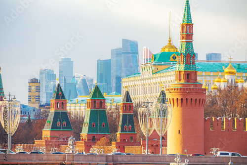 View of the Moscow Kremlin wall and the Moscow River on a sunny winter day.