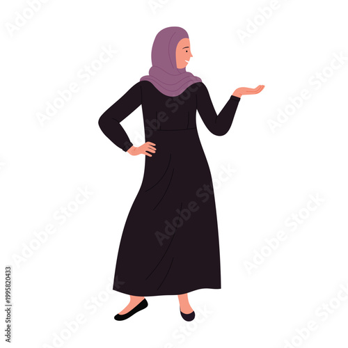 Muslim businesswoman giving presentation. Arabic female manager showing gesture cartoon vector illustration