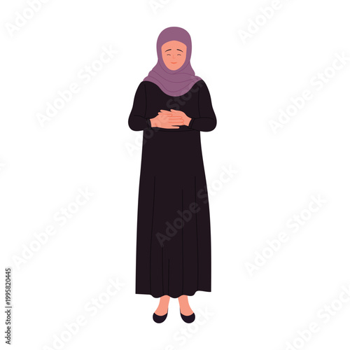 Standing shy muslim businesswoman. Smiling arabic female manager in black robe cartoon vector illustration