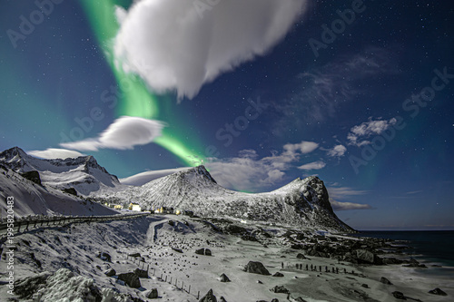 Aurora borealis on sky at Flakstad island, Lofoten islands