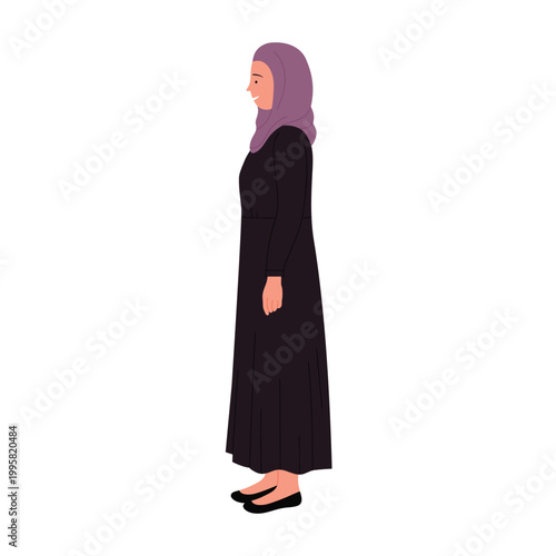 Side view of standing muslim businesswoman. Standing pose of arabic female manager in black robe cartoon vector illustration