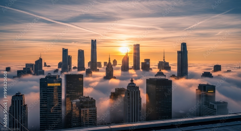 Fototapeta premium City Skyline at Sunrise with Fog.