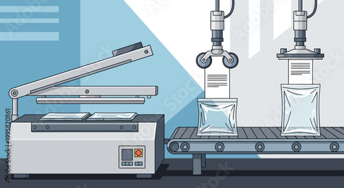 Automated packaging machine seals bags on a conveyor belt in an industrial setting with robotic arms.