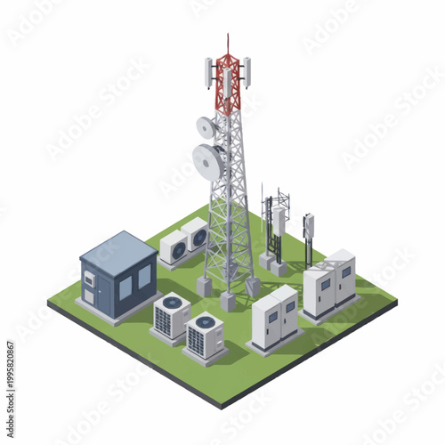 Modern telecommunications tower and equipment installation isometric view.