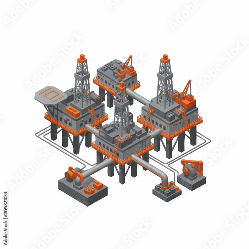 Offshore oil rig platform complex illustration.