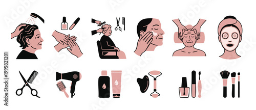 Beauty salon icons set, professional skincare and hair styling procedures for aging women. Flat vector graphic illustrations depicting cosmetic treatments, massage, facial care, and grooming tools col
