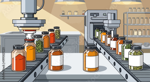 Bottles move along a production line being filled and labeled in a factory setting with machinery.