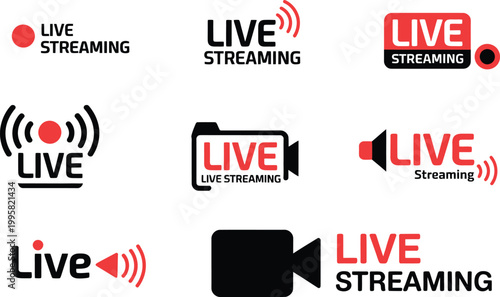 Set of live streaming icons and logos isolated on transparent background