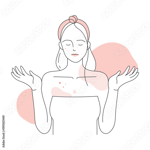 Girl with skin allergic reaction. Itchy body skin, covered with red rash line vector illustration